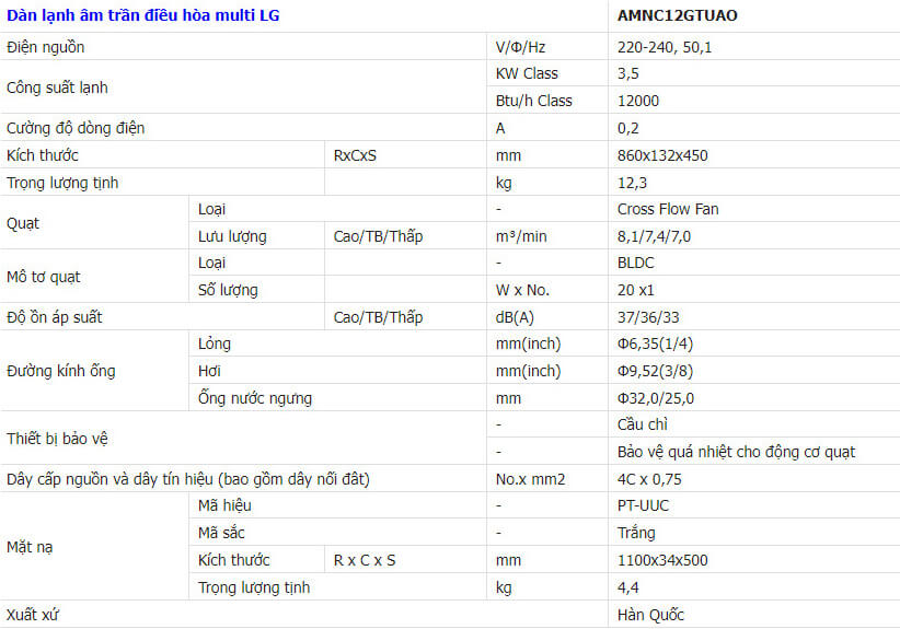 Thông số kĩ thuật Điều hòa multi LG AMNC12GTUA0 1 chiều