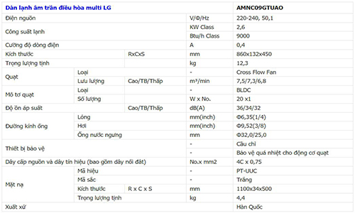 Thông số kĩ thuật Điều hòa multi LG âm trần 1 chiều AMNQ09GTUA0 9000BTU