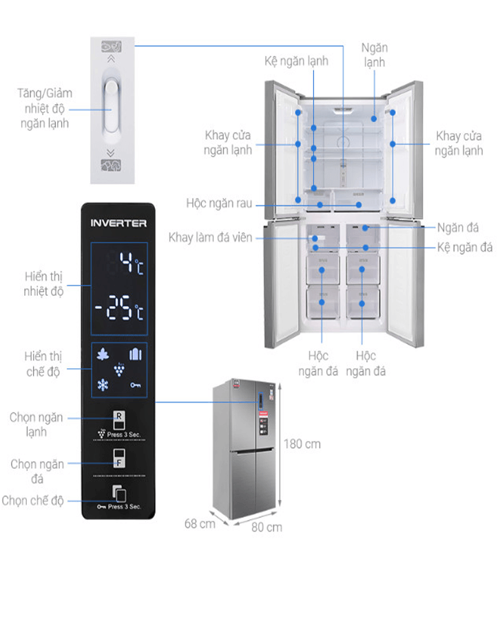 Kích thước Tủ Lạnh Sharp Inverter 401 Lít SJ-FXP480V-SL 4 Cánh
