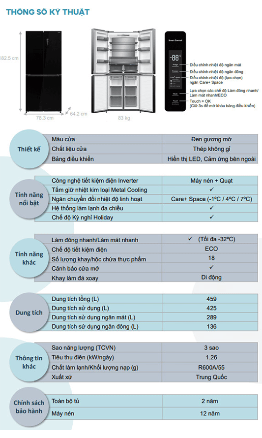 thông số kỹ thuật Tủ lạnh Casper Multi Door RM-430VBM 425 LÍT